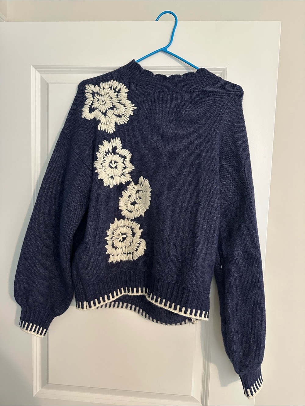 vestique Navy Blue Sweater with Cream Floral Appliqués